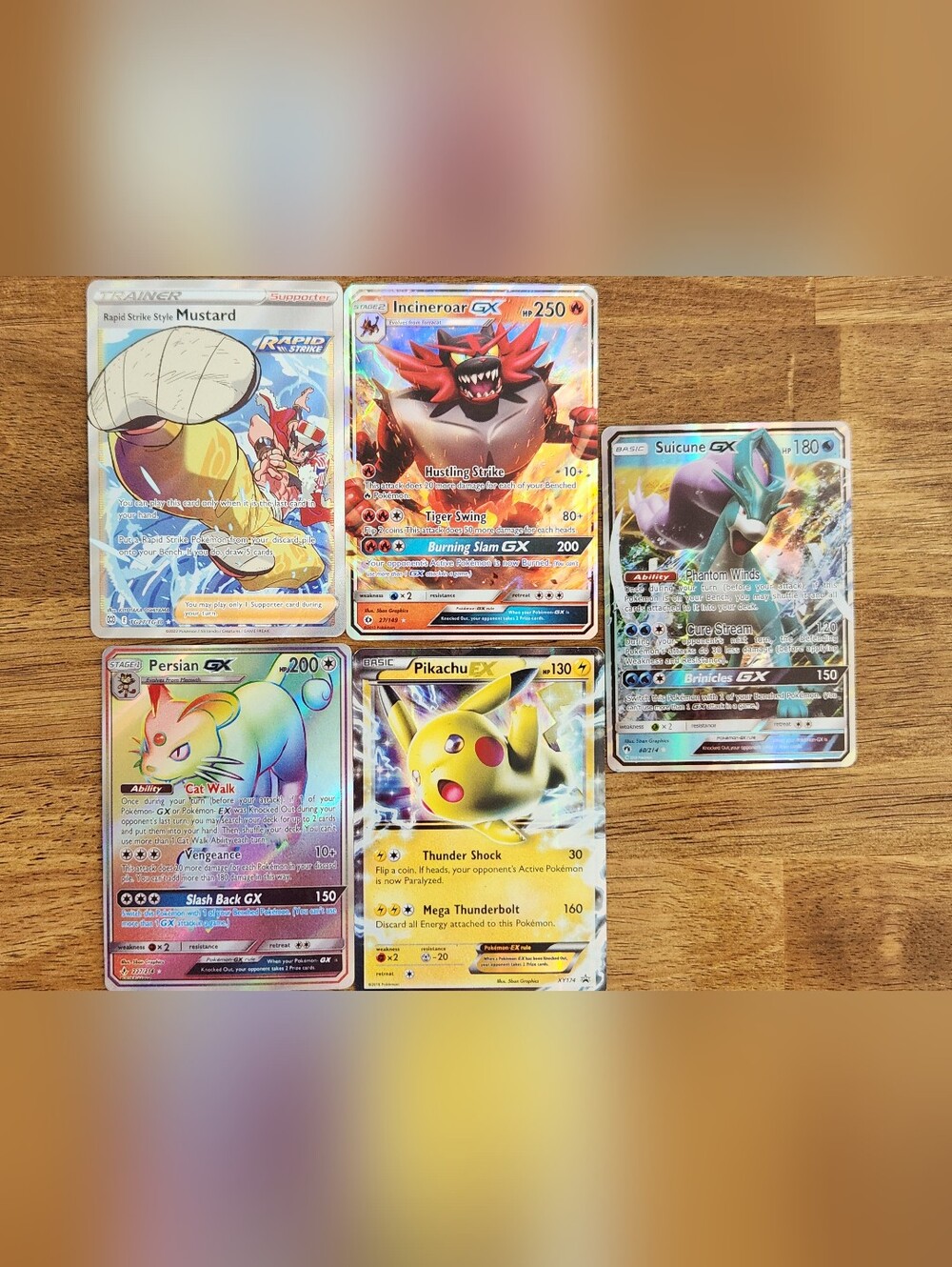 Pokemom Set - Incineroar GX-Pikachu EX- Rapid Strike Mustard-Suicune-Persian GX